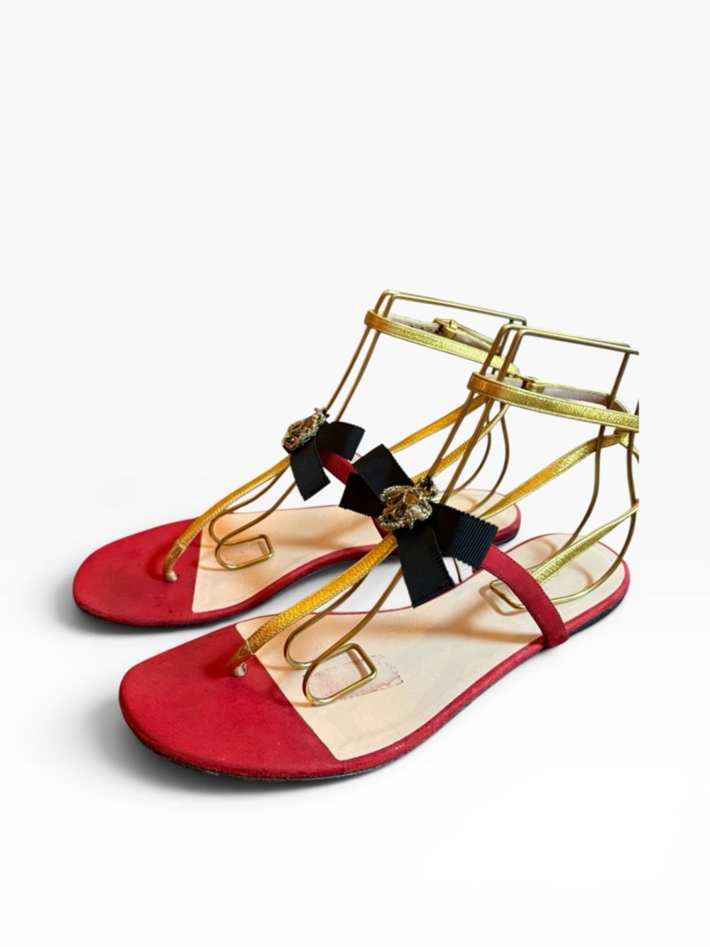 GUCCI Red Suede Moody Bee Bow Flat Thong Sandals Ankle Wrap EU 37.5 US 7.5